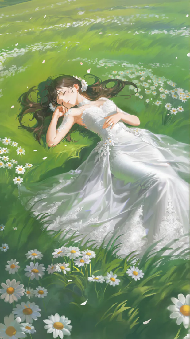 白裙少女手机壁纸｜雏菊草地躺卧背景图片 - 清新治愈「哲风壁纸」