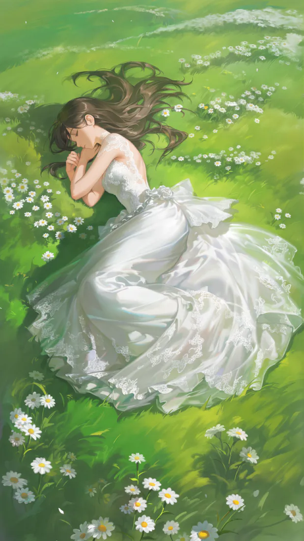 4k少女壁纸 - 草地 - 白裙 - 插画「哲风壁纸」
