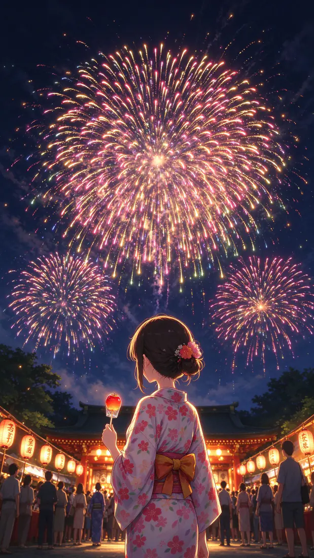 夏日祭少女手机壁纸｜浴衣少女仰望烟花背景图片 - 浪漫夏夜「哲风壁纸」