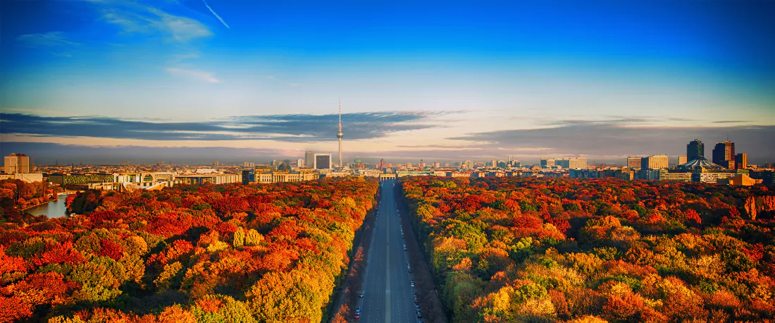 4k秋日公路壁纸｜红叶林城市天际线背景图片 - 开阔秋景「哲风壁纸」