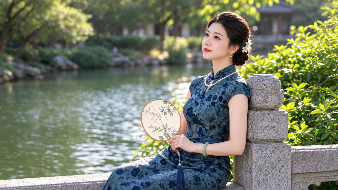 3k旗袍美女壁纸｜园林湖畔女子持扇背景图片 - 温婉国风「哲风壁纸」