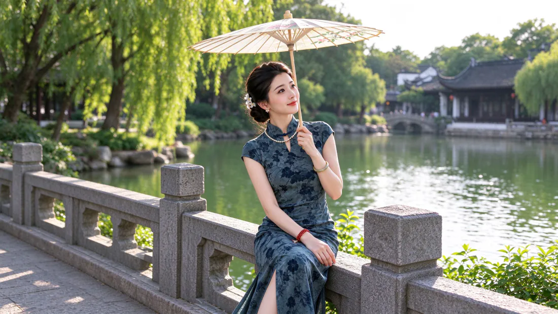 3k旗袍美女壁纸｜园林湖畔撑油纸伞背景图片 - 温婉国风「哲风壁纸」