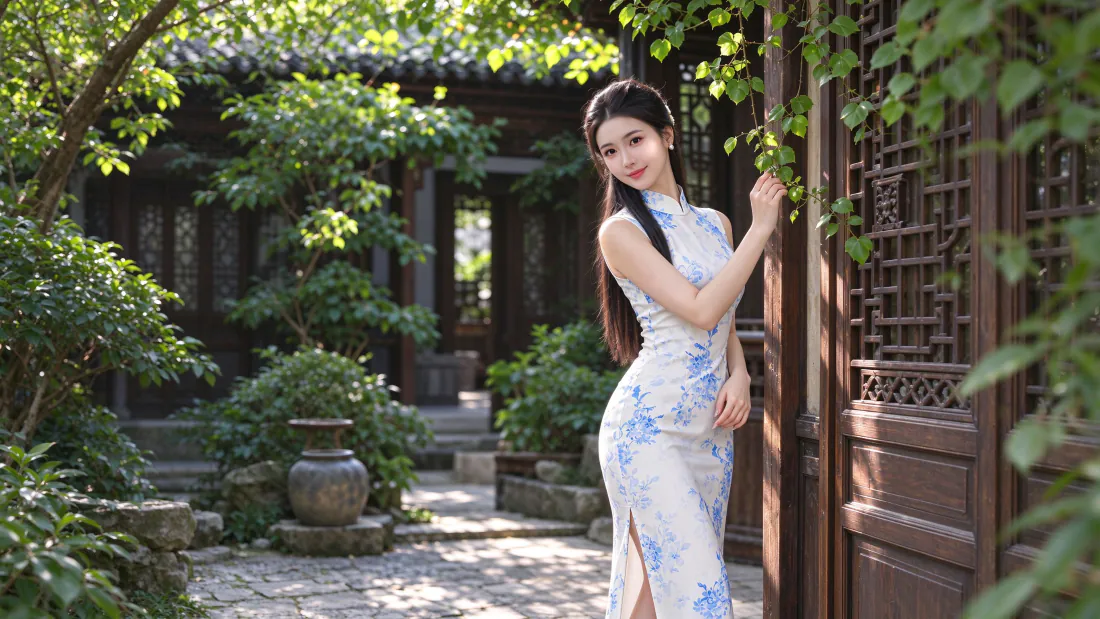 3k青花瓷旗袍美女壁纸｜中式园林庭院背景图片 - 清新国风「哲风壁纸」