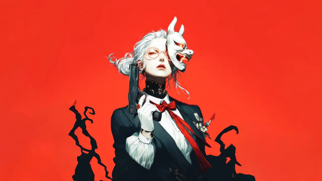 4k白发狐面少女壁纸|红底西装少女背景图片 - 暗黑酷炫插画「哲风壁纸」 4k白发狐面少女壁纸|红底西装少女背景图片 - 暗黑酷炫插画「哲风壁纸」