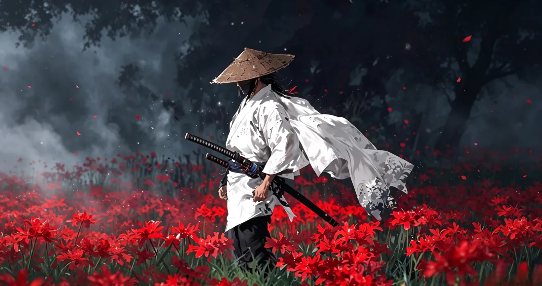 3k侠客壁纸｜红花丛白衣剑客背景图片 - 武侠意境「哲风壁纸」