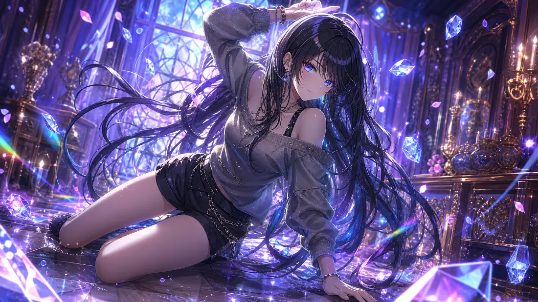 2k紫水晶少女壁纸｜跪姿黑长直少女背景图片 - 璀璨梦幻「哲风壁纸」