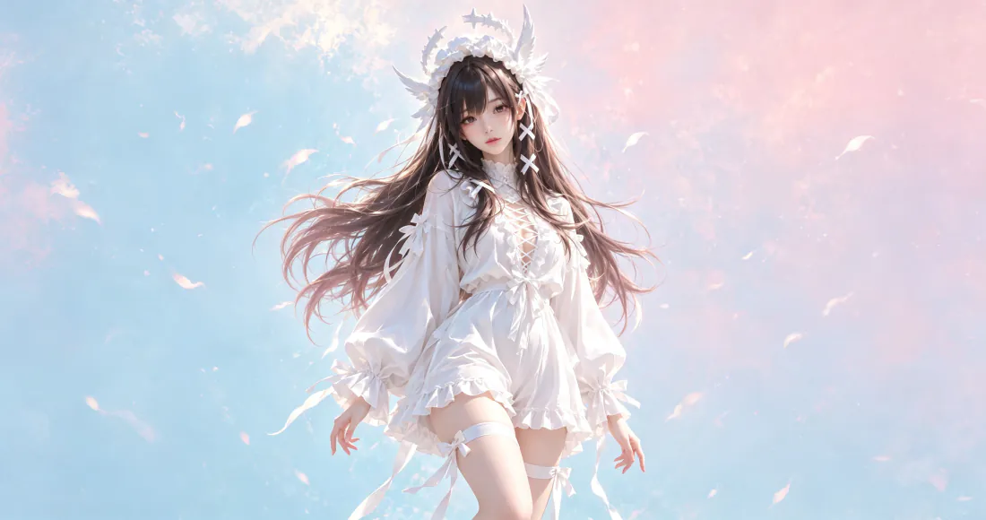 3k二次元少女壁纸｜粉蓝渐变天空白衣少女背景图片 - 梦幻唯美「哲风壁纸」