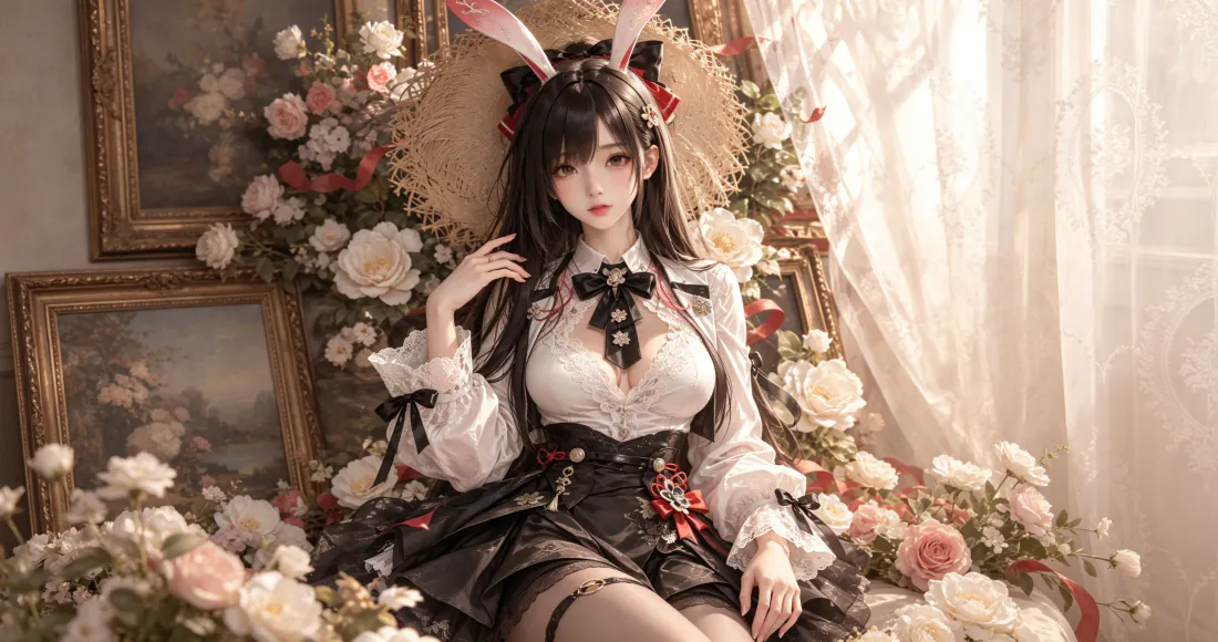 3k兔耳少女壁纸｜花丛间洛丽塔少女背景图片 - 梦幻柔美「哲风壁纸」