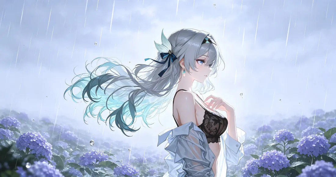 3k雨中绣球花少女壁纸｜灰发少女雨景背景图片 - 清新治愈「哲风壁纸」