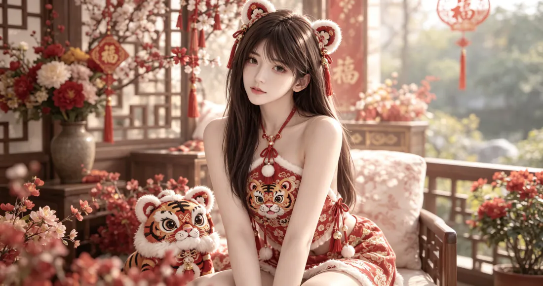 3k新春国风少女壁纸｜中式庭院红衣少女背景图片 - 喜庆温馨「哲风壁纸」