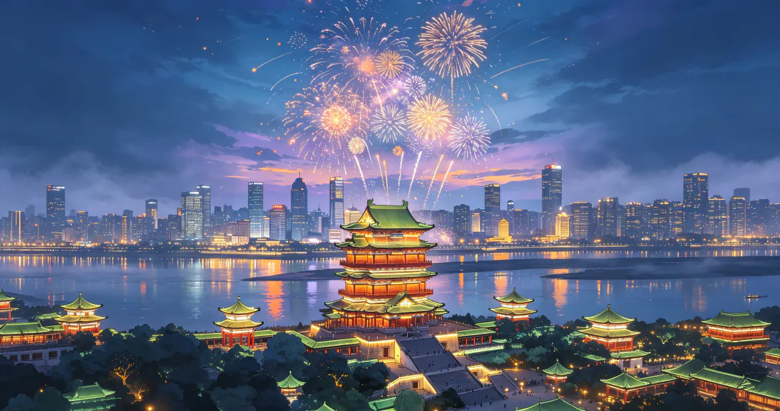 3k滕王阁壁纸｜赣江夜景烟花古楼背景图片 - 国风盛景「哲风壁纸」