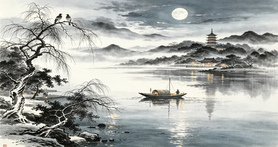 3k水墨山水壁纸|月夜湖景孤舟背景图片 - 宁静国风「哲风壁纸」 3k水墨山水壁纸|月夜湖景孤舟背景图片 - 宁静国风「哲风壁纸」