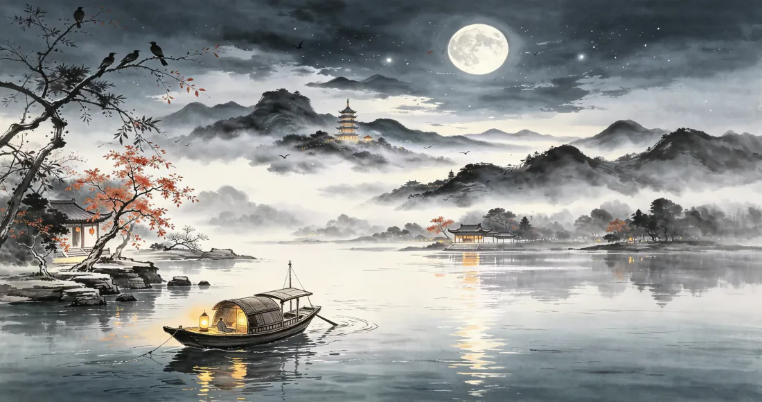 3k水墨山水壁纸｜月夜湖面孤舟背景图片 - 静谧国风意境「哲风壁纸」