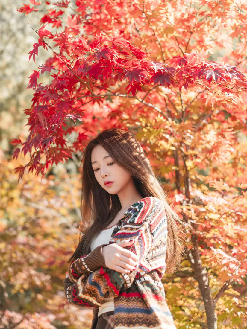秋日红枫手机壁纸｜长发少女林间背景图片 - 暖调清新氛围「哲风壁纸」
