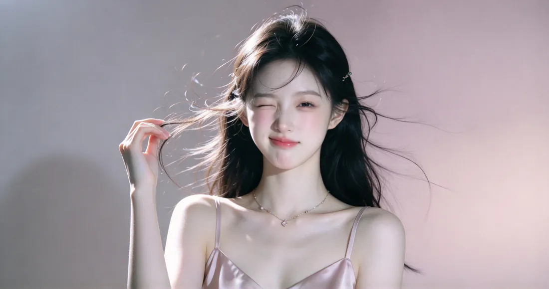 3k美女壁纸｜长发吊带少女眨眼写真背景图片 - 清新柔美「哲风壁纸」
