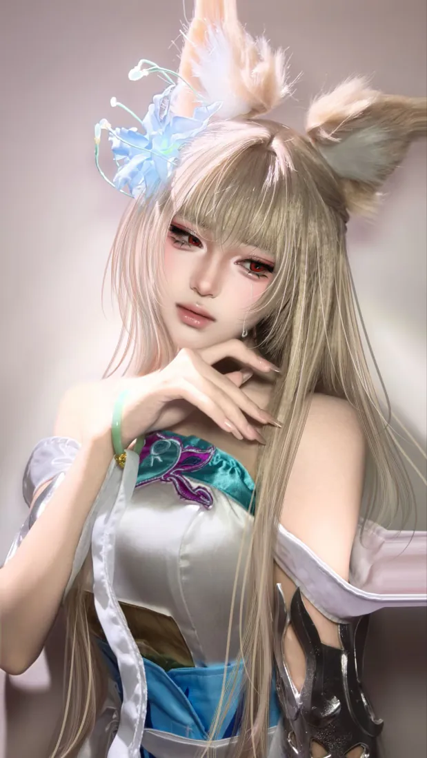 狐耳少女手机壁纸｜银灰长发古风装扮背景图片 - 柔美梦幻「哲风壁纸」