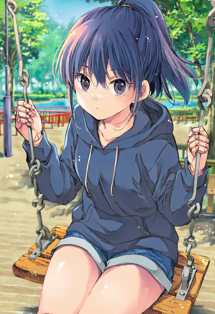 动漫少女手机壁纸｜公园秋千上的蓝发女孩背景图片 - 清新治愈「哲风壁纸」