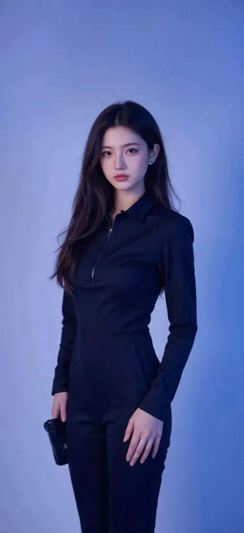 纯欲美女手机壁纸｜黑衣长发女生蓝调背景图片 - 清冷写真「哲风壁纸」