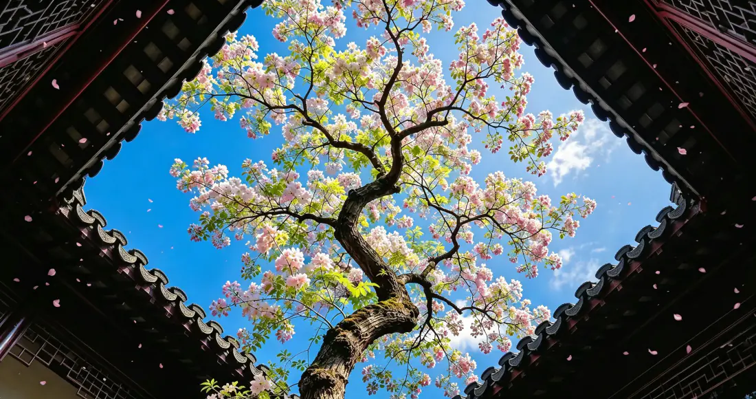 3k古风庭院壁纸｜古建屋檐下花树背景图片 - 春日清新「哲风壁纸」