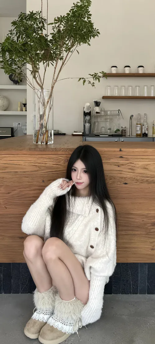 清纯美女手机壁纸｜咖啡馆吧台前蹲坐少女背景图片 - 治愈温馨日常「哲风壁纸」