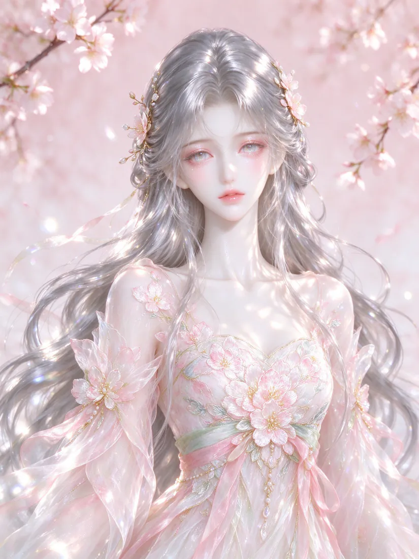 古风少女手机壁纸｜粉樱银发扬裙背景图片 - 梦幻浪漫「哲风壁纸」