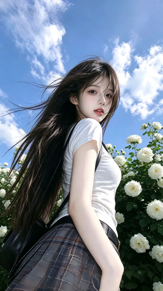 长发少女手机壁纸｜白玫瑰花丛蓝天背景图片 - 清新治愈「哲风壁纸」