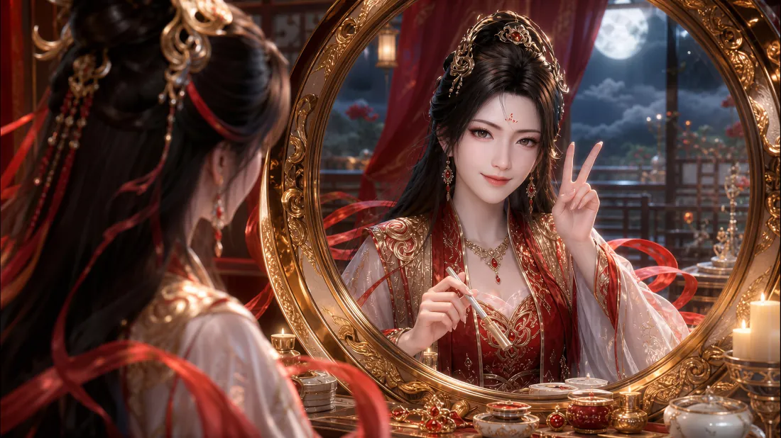 5k南宫婉壁纸｜红衣古风对镜梳妆背景图片 - 月夜闺阁「哲风壁纸」