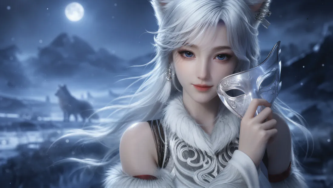 9k银月壁纸｜月夜雪原狐耳少女背景图片 - 清冷仙侠「哲风壁纸」