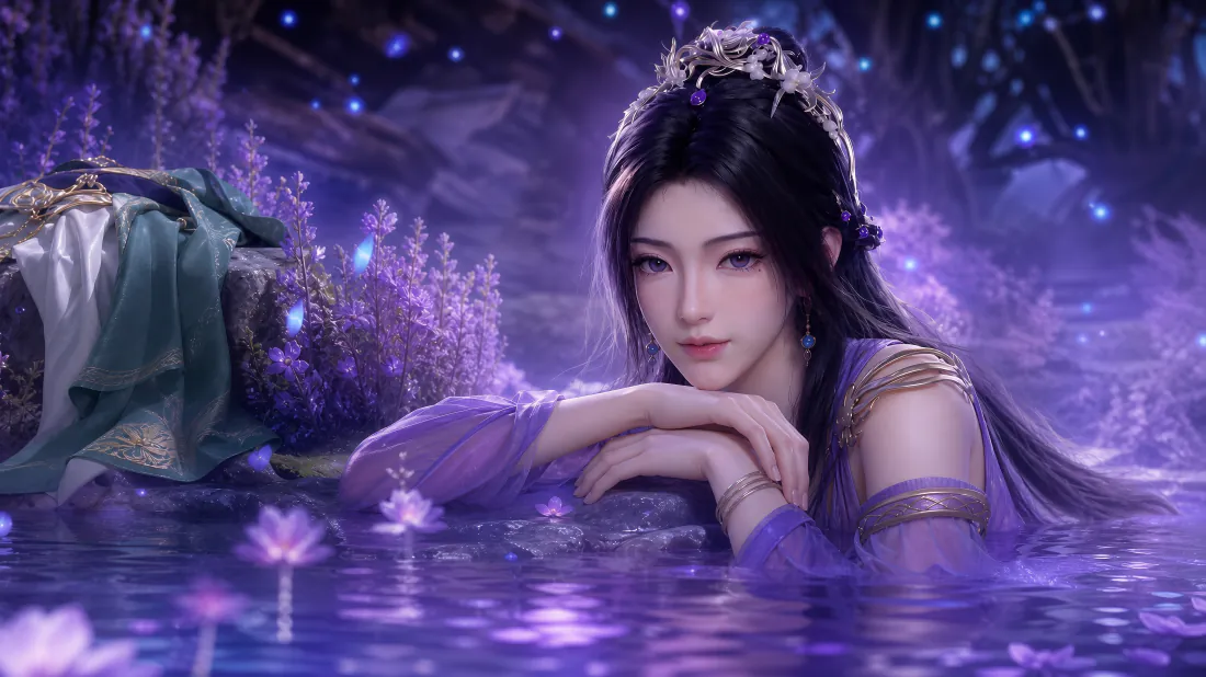 5k紫灵壁纸｜紫雾水畔仙裙少女背景图片 - 梦幻仙侠「哲风壁纸」