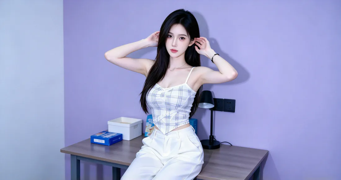 3k长发美女壁纸｜紫墙前白格吊带写真背景图片 - 清新居家风「哲风壁纸」