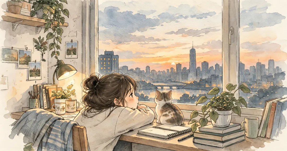 3k窗边少女壁纸｜书桌猫咪城市黄昏背景图片 - 治愈水彩风「哲风壁纸」