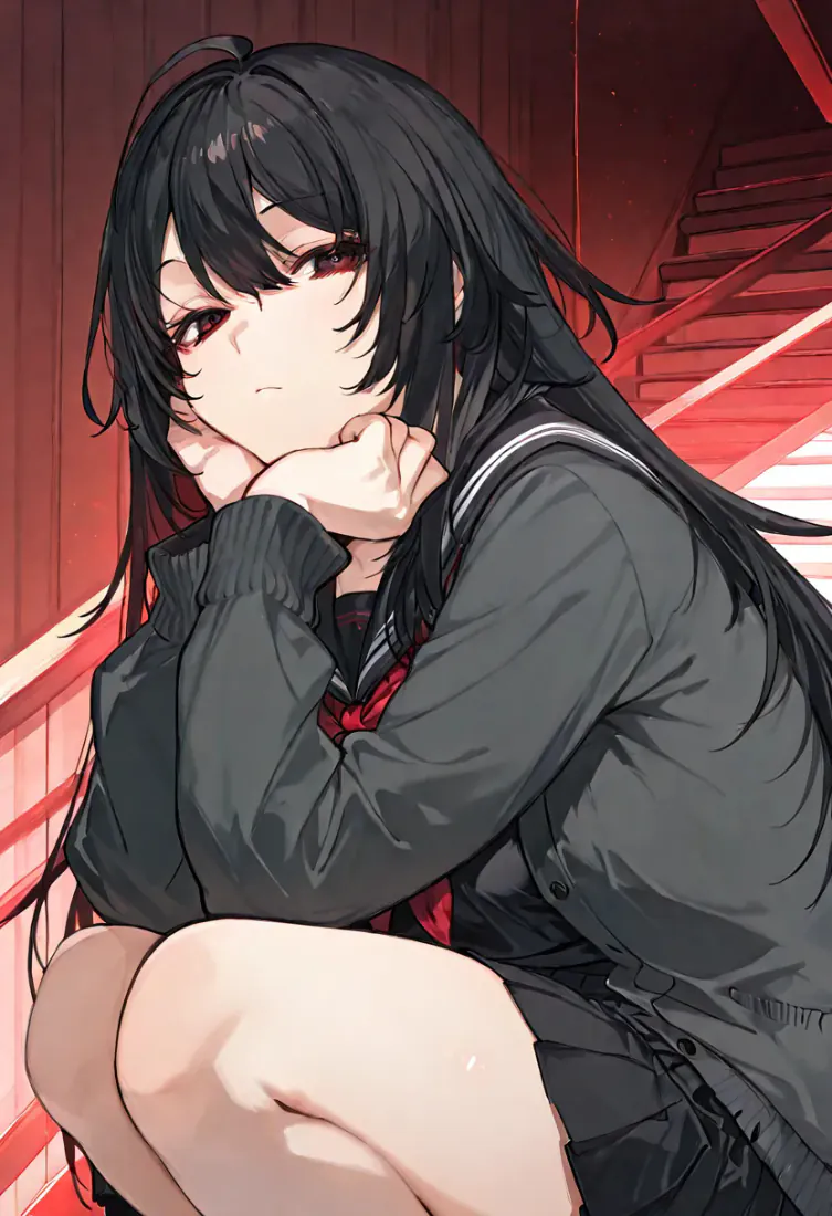 黑发动漫少女手机壁纸｜红调楼梯间少女背景图片 - 慵懒暗系氛围「哲风壁纸」