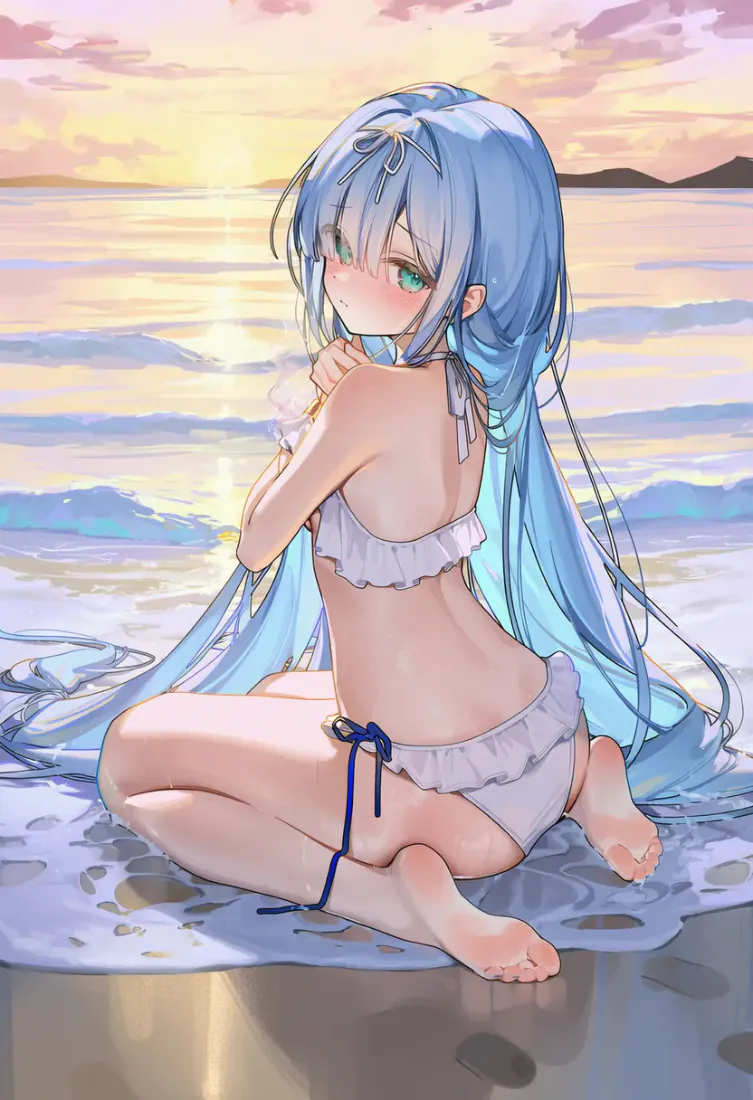 蓝发少女手机壁纸｜海边黄昏湿沙滩背景图片 - 治愈温馨「哲风壁纸」