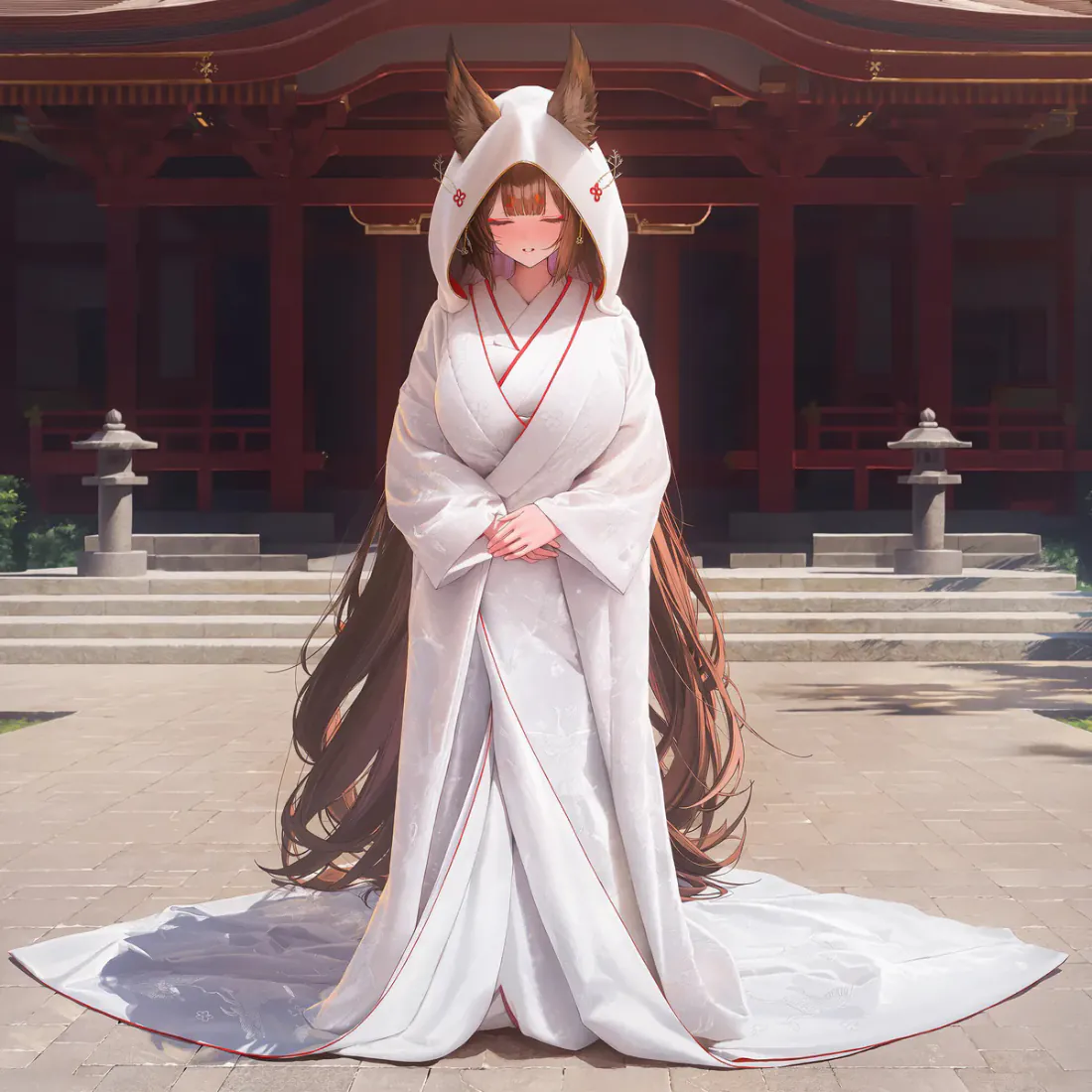白无垢狐耳少女手机壁纸｜神社前和风新娘背景图片 - 治愈温馨「哲风壁纸」