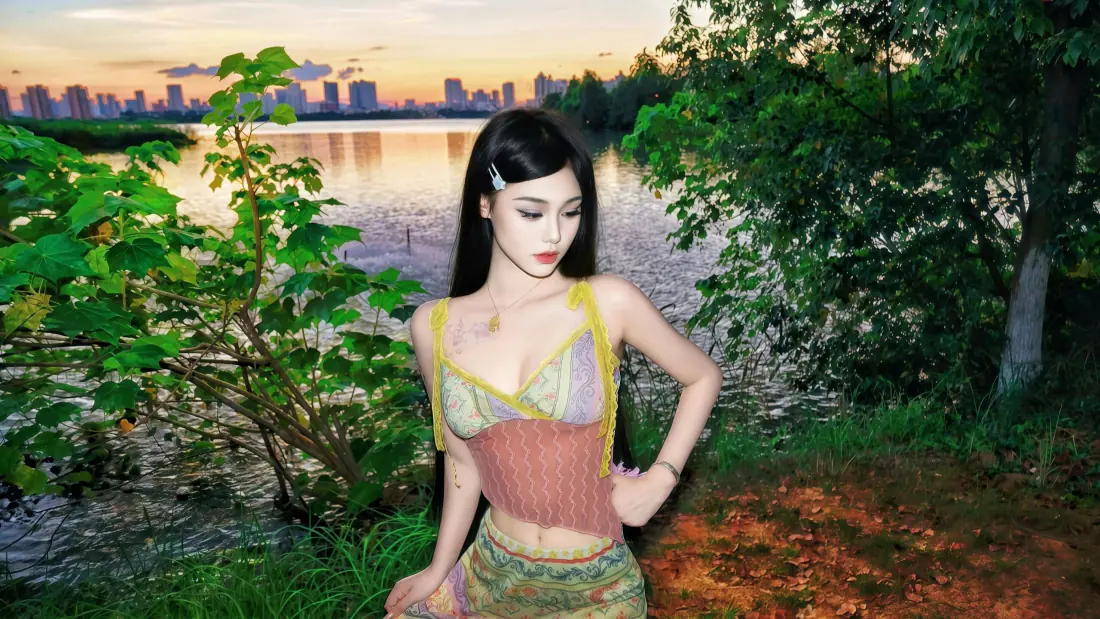 3k美女壁纸｜湖畔黄昏绿植背景图片 - 清新户外写真「哲风壁纸」