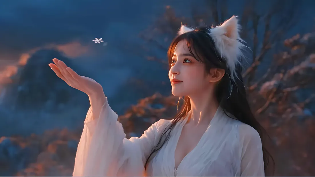 4k猫耳汉服美女壁纸｜暮色山景接雪花背景图片 - 梦幻唯美「哲风壁纸」