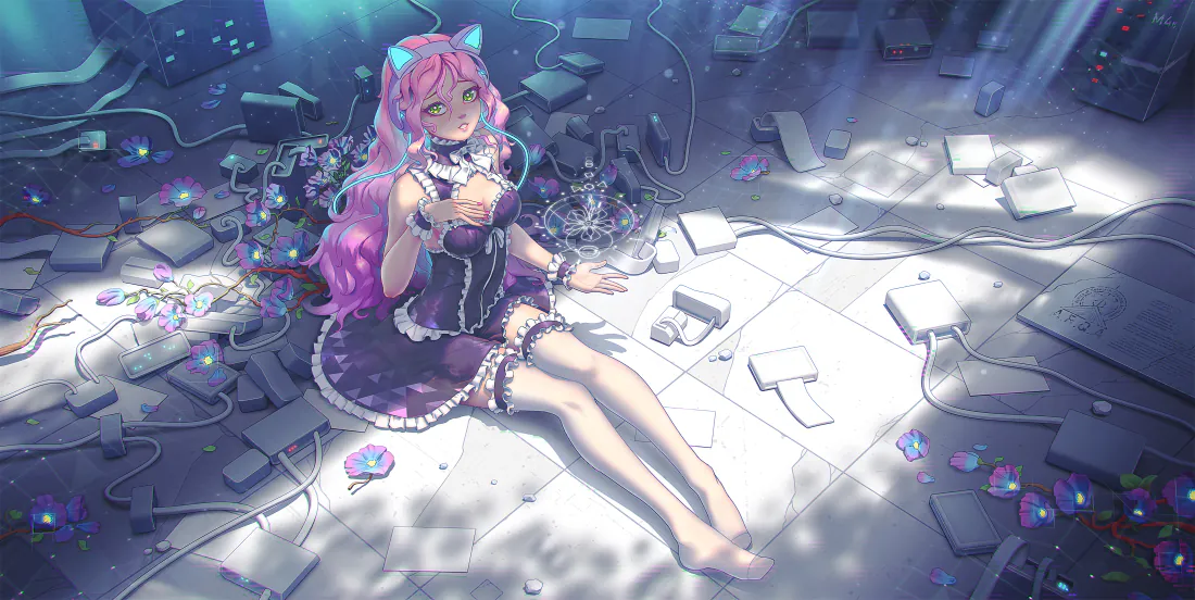 6k粉发猫耳少女壁纸｜废墟线缆场景背景图片 - 梦幻二次元「哲风壁纸」