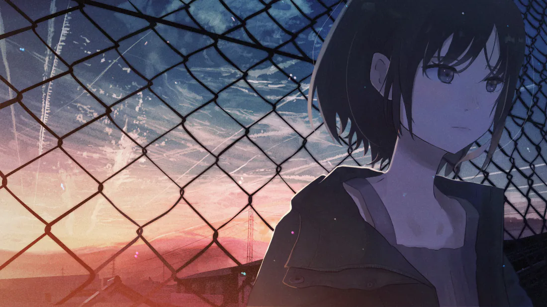 4k动漫少女壁纸｜铁丝网黄昏天空背景图片 - 忧郁伤感「哲风壁纸」