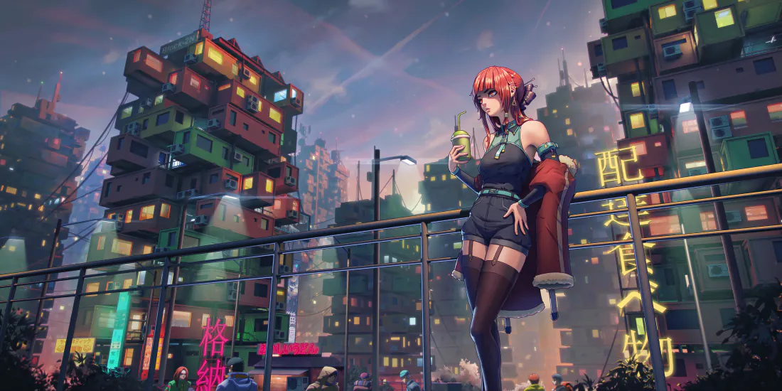 6k动漫少女壁纸｜赛博朋克都市黄昏背景图片 - 霓虹夜景「哲风壁纸」
