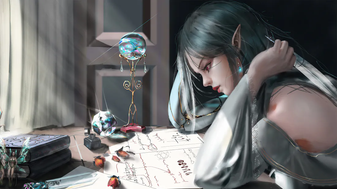 4k鬼刀海琴烟壁纸｜伏案精灵少女书桌背景图片 - 静谧梦幻「哲风壁纸」