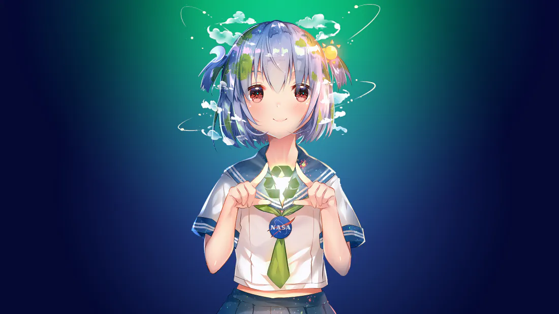 4k地球少女壁纸｜蓝绿渐变水手服少女背景图片 - 清新治愈「哲风壁纸」