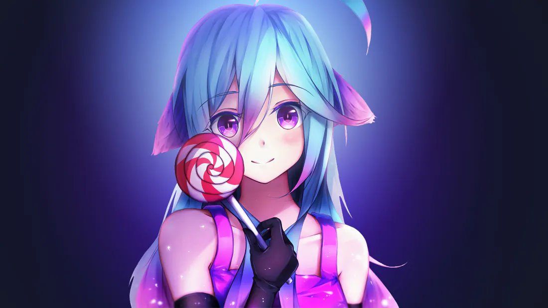 4k蓝发兽耳少女壁纸｜持棒棒糖少女背景图片 - 梦幻紫调「哲风壁纸」