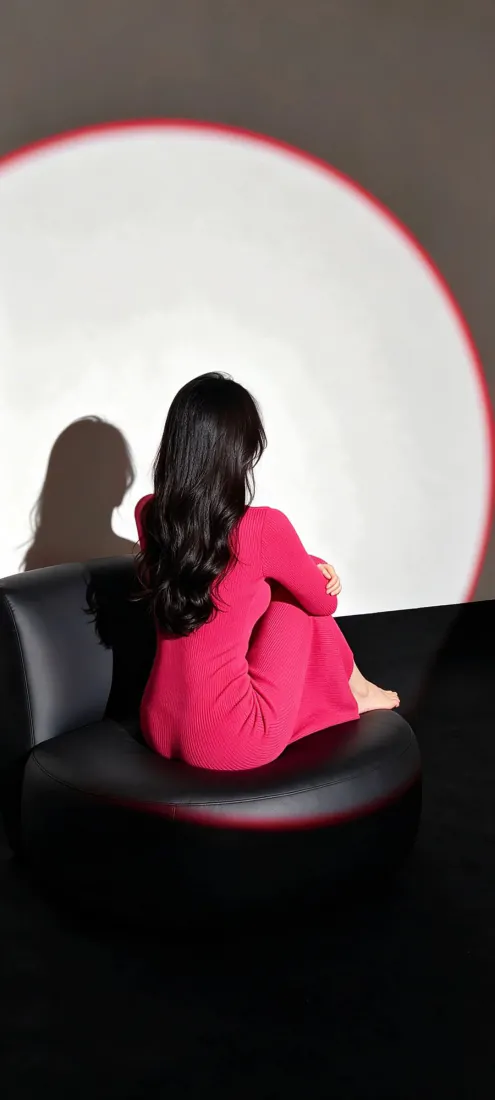 穿红裙的长发女子背对镜头坐在黑色沙发上，身后墙面投射出带红边的圆形光影与人物剪影。