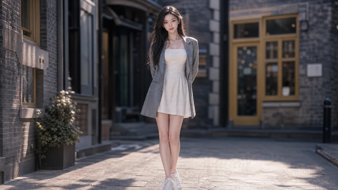 长发女子穿白吊带短裙搭灰色西装，站在阳光照射的砖石老街巷中。