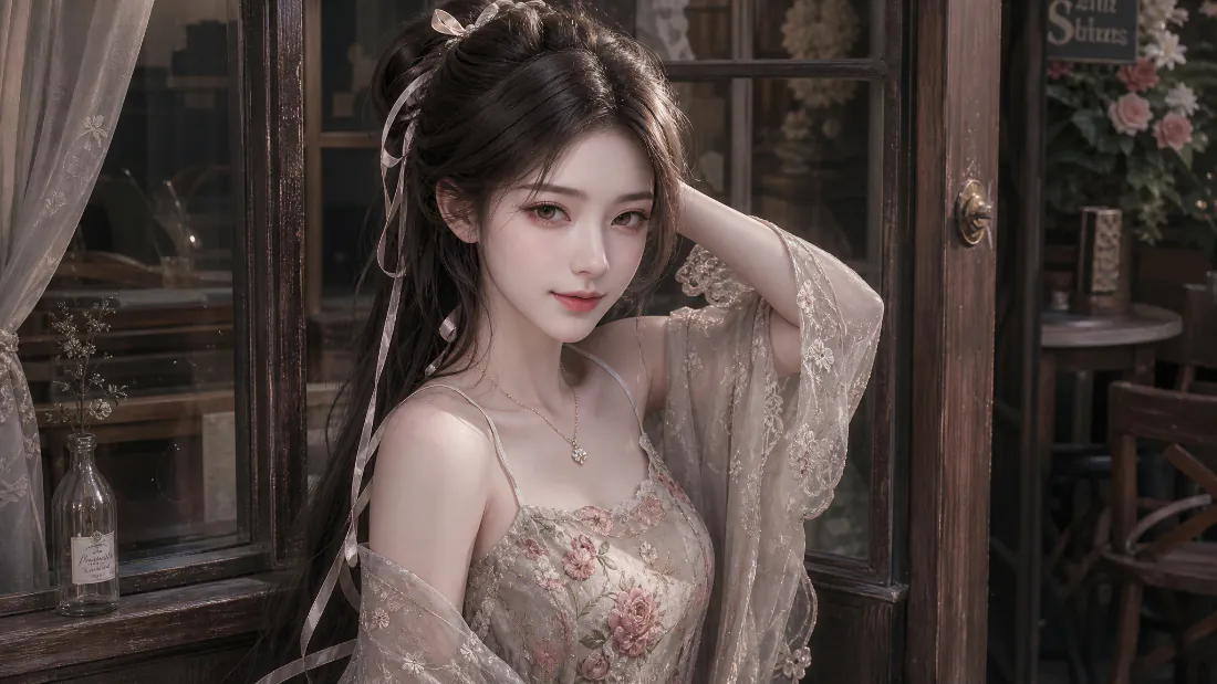 古风长发女子身着蕾丝吊带裙与外衫，站在复古咖啡馆门前，抬手轻扶头部。