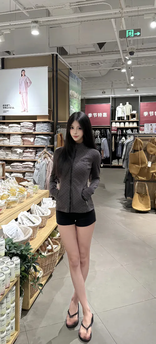 黑长直年轻女子在服装店内，穿深灰立领上衣与黑色短裤，双手插兜站立。