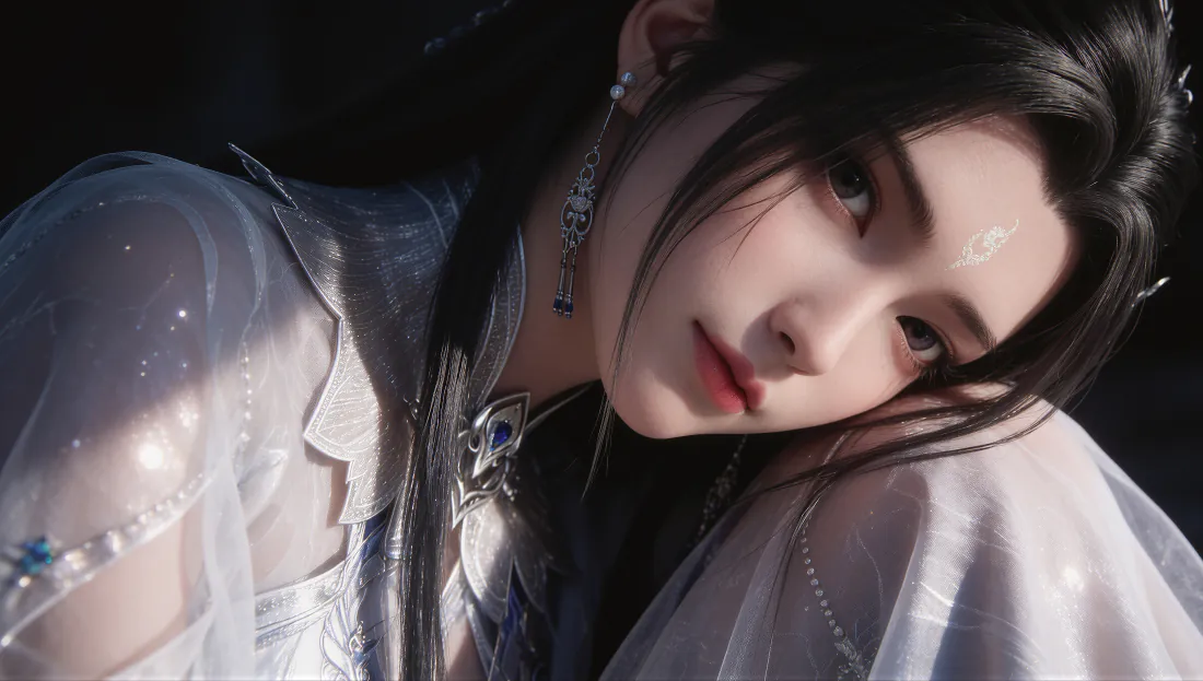 4k陆雪琪壁纸|白衣仙侠女子特写背景图片 - 清冷仙气「哲风壁纸」 3D渲染的陆雪琪近景,白衣银饰,额间花钿,侧头望向镜头,气质清冷。