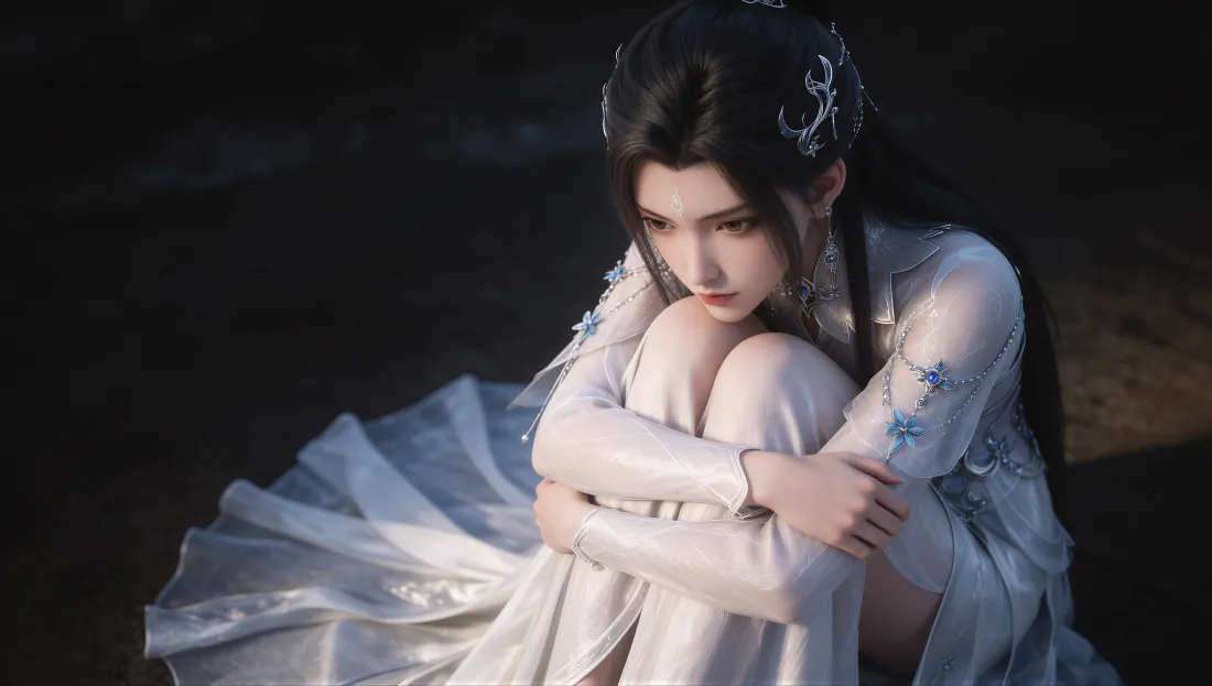 4k陆雪琪壁纸|白衣仙侠女子抱膝而坐背景图片 - 清冷孤寂「哲风壁纸」 3D渲染的陆雪琪身着白衣抱膝而坐,神情落寞,背景昏暗朦胧。