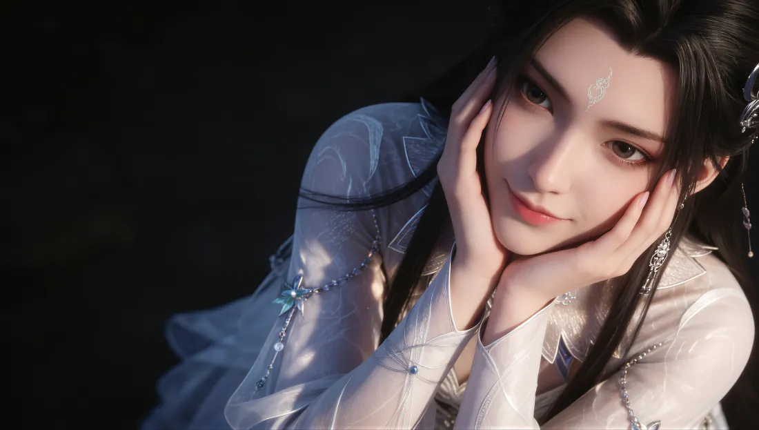 4k陆雪琪壁纸|托腮浅笑仙侠少女背景图片 - 清冷仙气「哲风壁纸」 暗调背景下白衣仙侠少女双手托腮浅笑,额间带淡色花钿,气质清冷柔美。