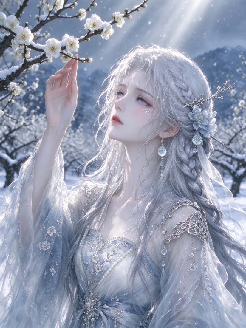 银发古风女子立于雪天白梅树下，抬手轻触覆雪梅枝，背景远山朦胧飘雪。